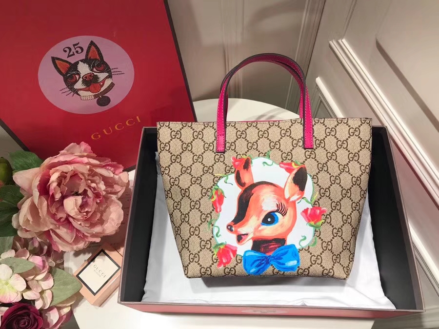 Gucci最萌的mini卡通购物袋 410812 玫红色手挽和内衬 撩翻你的少女，风靡时尚 21-20-10cm