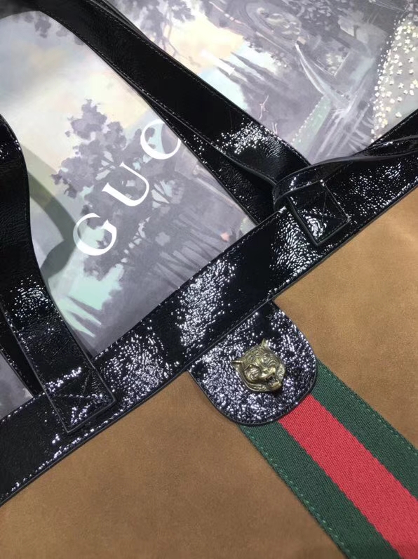 GUCCI 2018最新购物袋 超级大包很能装包配小pouch 519335驼色 搭配红绿条 复古韵味 41×43×5.5cm