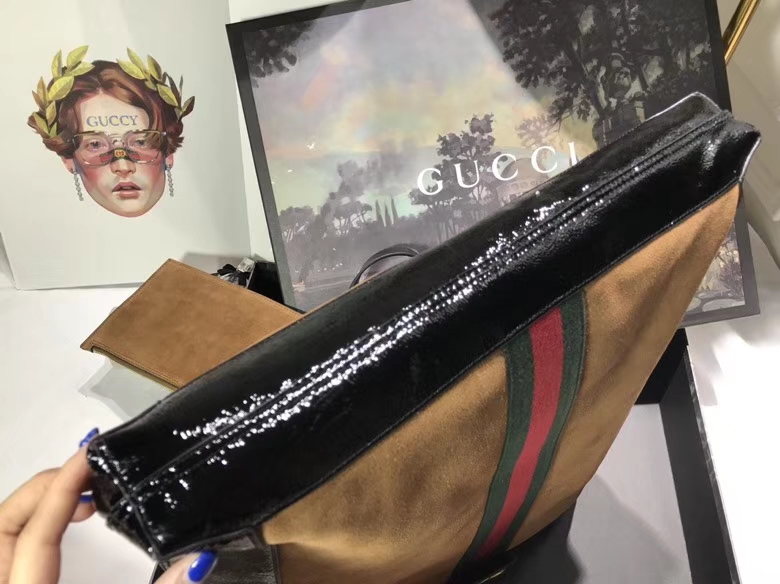 GUCCI 2018最新购物袋 超级大包很能装包配小pouch 519335驼色 搭配红绿条 复古韵味 41×43×5.5cm